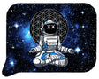 Rolling Tray Small w Lid - Astronaut Meditating: Illustration of a meditating astronaut in space with GET LOST on suit, geometric pattern backdrop.