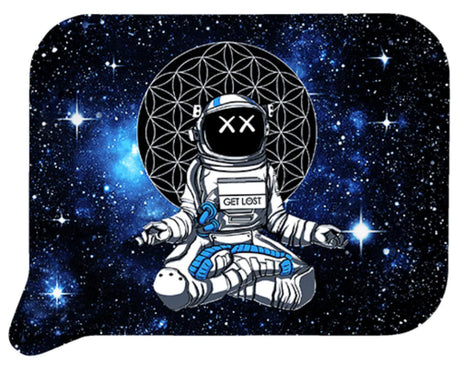 Rolling Tray Small w Lid - Astronaut Meditating: Illustration of a meditating astronaut in space with GET LOST on suit, geometric pattern backdrop.