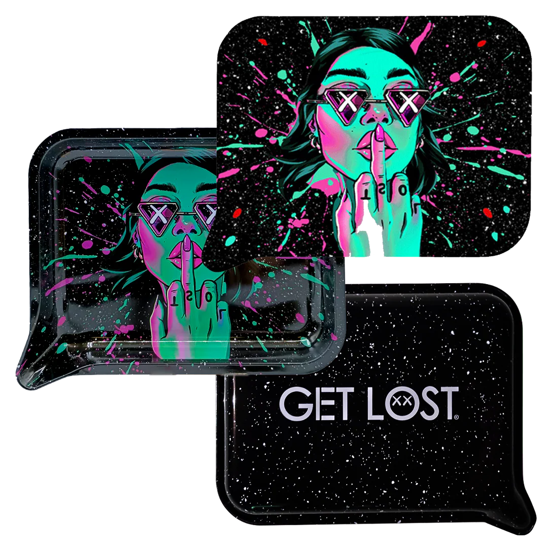 Speech-bubble–shaped tray with graffiti art, featuring a stylized face and GET LOST text, designed for small item storage with integrated funnel and 3D lid.