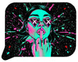 Rolling Tray Small w Lid - Green Middle Finger features a vibrant neon woman's face with mirrored sunglasses and shh gesture, set against a splattered star-field background.