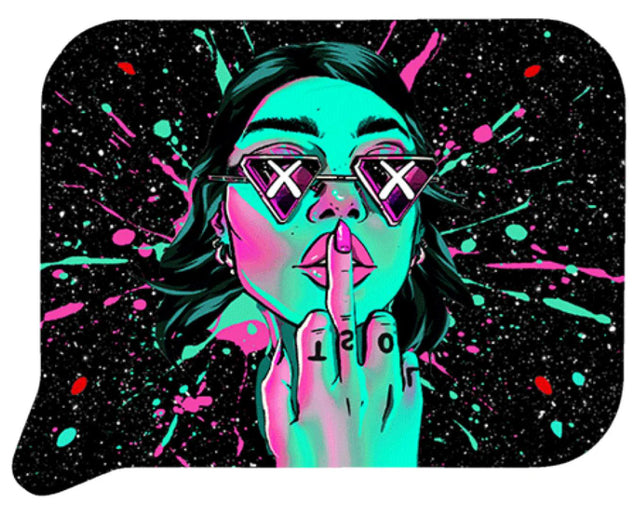 Rolling Tray Small w Lid - Green Middle Finger features a vibrant neon woman's face with mirrored sunglasses and shh gesture, set against a splattered star-field background.