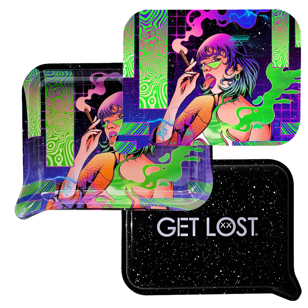 Rolling Trays Small w Lid - Girl Tongue Out features a neon-cyberpunk design on top tray and a matte black tray with GET LOST logo.