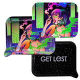 Rolling Trays Small w Lid - Girl Tongue Out features a neon-cyberpunk design on top tray and a matte black tray with GET LOST logo.