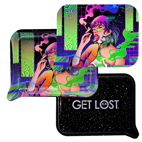 Rolling Trays Small w Lid - Girl Tongue Out features a neon-cyberpunk design on top tray and a matte black tray with GET LOST logo.