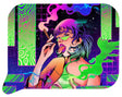 Rolling Trays Small w Lid - Girl Tongue Out features a stylized woman with angular glasses, smoking, amidst vibrant, abstract patterns, highlighting modern, artistic design.