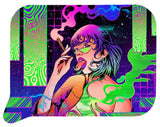 Rolling Trays Small w Lid - Girl Tongue Out features a stylized woman with angular glasses, smoking, amidst vibrant, abstract patterns, highlighting modern, artistic design.