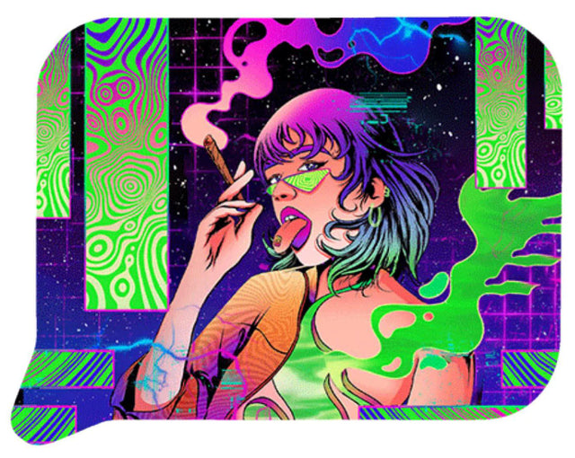 Rolling Trays Small w Lid - Girl Tongue Out features a stylized woman with angular glasses, smoking, amidst vibrant, abstract patterns, highlighting modern, artistic design.