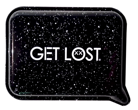 Speech-bubble plaque with GET LOST text, featuring a cartoon face O, part of the Rolling Tray Small w Lid - Green Middle Finger collection.
