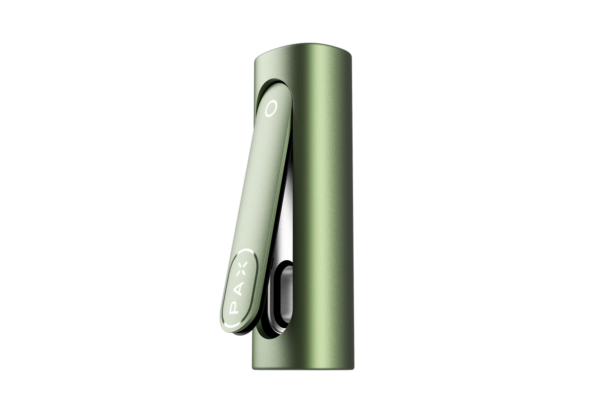 PAX FLOW herbal vaporizer in olive, upright with open magnetic mouthpiece, showcasing the cannabis chamber, highlighting advanced draw strength and hybrid heating system.