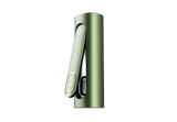 PAX FLOW herbal vaporizer in olive, upright with open magnetic mouthpiece, showcasing the cannabis chamber, highlighting advanced draw strength and hybrid heating system.