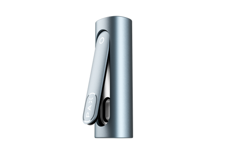 PAX FLOW Dry Herb Vaporizer, sleek silver-blue cylindrical design, featuring PAX logo on clip mouthpiece and circular power button, ideal for smooth, portable vaping.