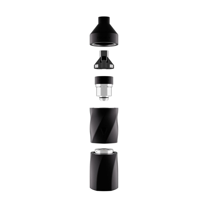 AERIS Portable E-Rig Kit exploded-view: detachable mouthpiece, quartz atomizer cap, heating coil housing, main body, rechargeable battery, showcasing assembly and portability.