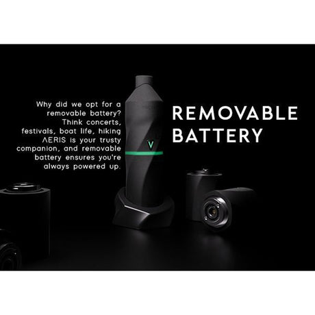 AERIS Portable E-Rig Kit showcasing its removable battery design with central battery module in charger and two spare cylinders, emphasizing swappable convenience for on-the-go dabbing.