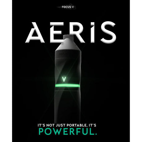 AERIS Portable E-Rig Kit: Matte-black cylindrical vaporizer with glowing LED band and stylized V logo, emphasizing sleek design and powerful performance.
