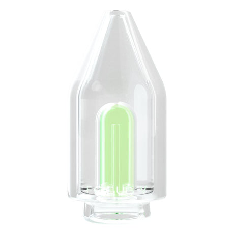 Focus V - Chromatix Glass Top Bubbler Attachment: A clear glass bubbler with a green light inside, designed for enhanced dabbing with water filtration.