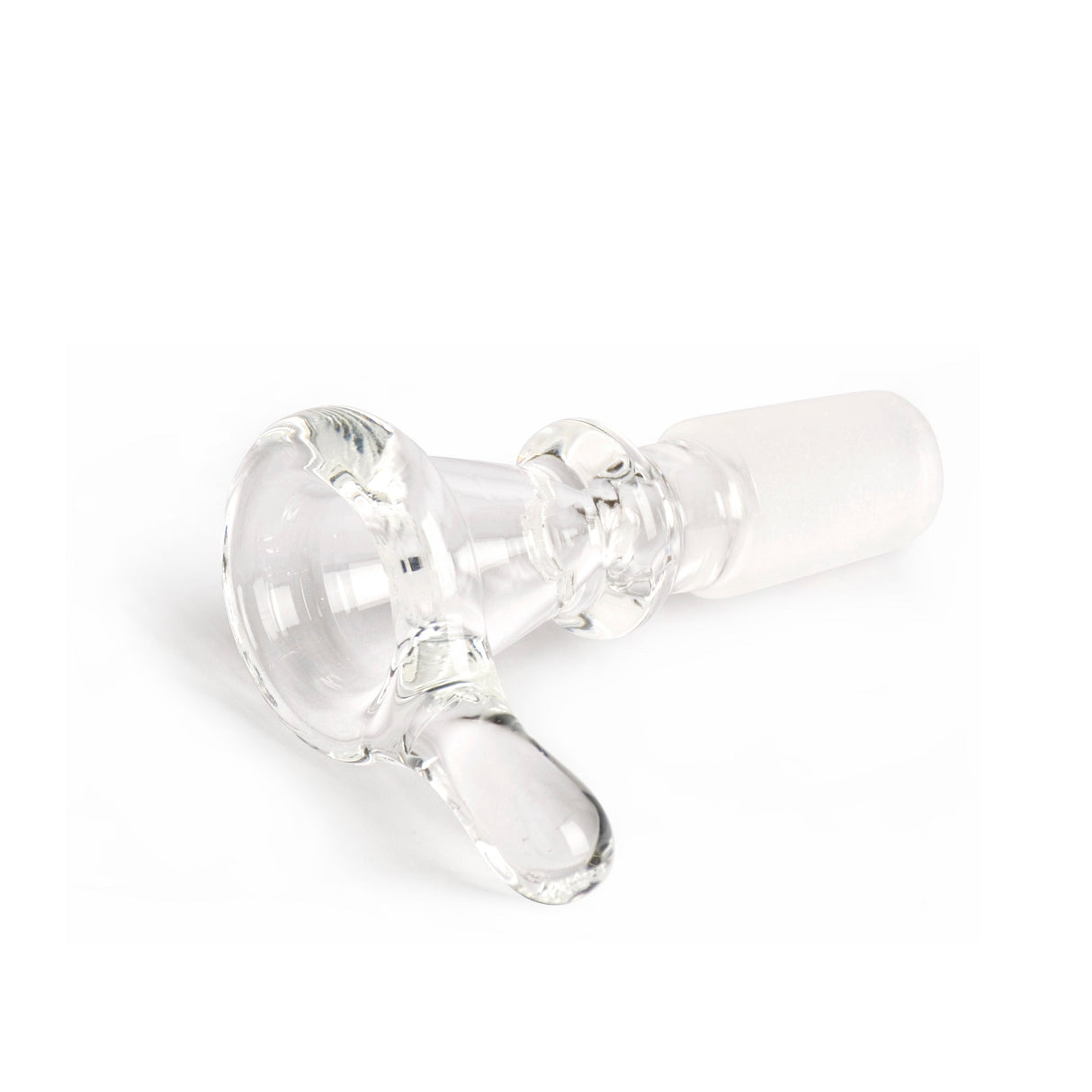 14/20 Thumper Cone Pull-Out Bowl: Small clear glass bowl for water pipes, features a ground-glass joint and side handle for easy removal.