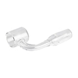 14mm Quartz Male 90 Degree Banger, featuring an angled, bucket-shaped quartz design for vaporizing concentrates, with a 14mm male joint for dab rig compatibility.