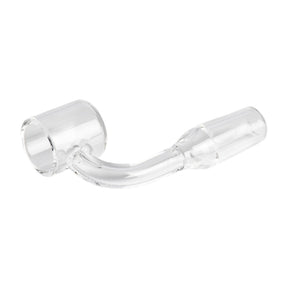 14mm Quartz Male 90 Degree Banger, featuring an angled, bucket-shaped quartz design for vaporizing concentrates, with a 14mm male joint for dab rig compatibility.
