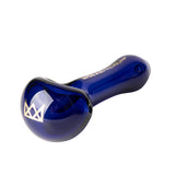 3.75 Hand Pipe: Cobalt-blue glass with a rounded bowl, gold crown logo, carb hole, tapered stem, and built-in ash catcher for smooth smoking experience.