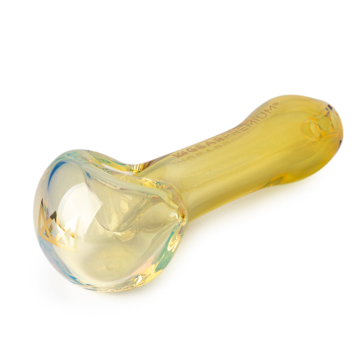 GEAR Premium 3.75 Hand Pipe: Amber-yellow glass pipe with built-in ash catcher mouthpiece, showcasing a 24K gold decal for an elegant, compact design.