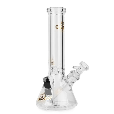 12 Tall 7mm Thick Sidekick Beaker Bong with a clear-glass design, removable downstem, slide bowl, and lighter holster clipped onto the base.