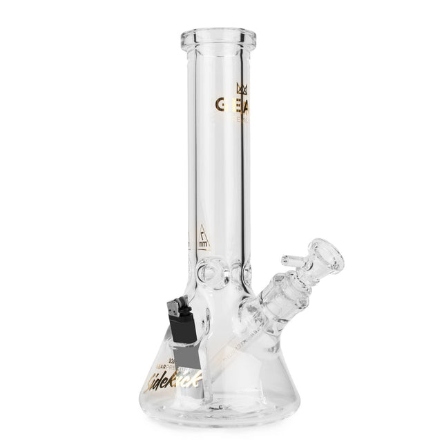 12 Tall 7mm Thick Sidekick Beaker Bong with a clear-glass design, removable downstem, slide bowl, and lighter holster clipped onto the base.