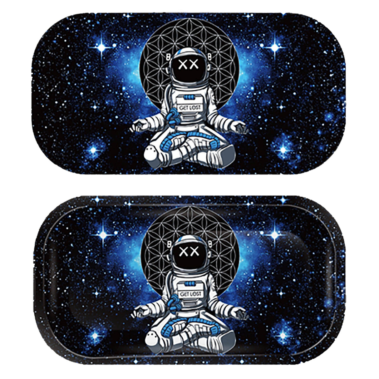 Rolling Tray Mini w Lid - Astronaut Meditating features an astronaut in lotus pose on a starry background, with a secure magnetic lid for small item storage.