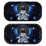 Rolling Tray Mini w Lid - Astronaut Meditating features an astronaut in lotus pose on a starry background, with a secure magnetic lid for small item storage.