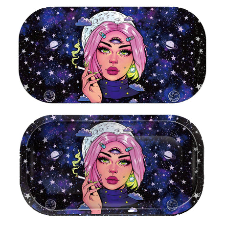 Rolling Tray Mini w Lid - Pink Hair 3 Eye Girl features surreal artwork of a pink-haired girl with a third eye, cosmic background on durable metal trays.