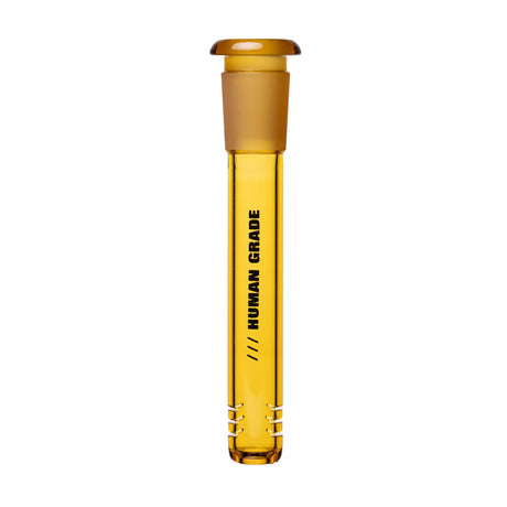 Amber-yellow glass downstem with HUMAN GRADE text, visible diffuser slits, designed for 14mm water pipes. Ideal for retail with precision fit and durable construction.