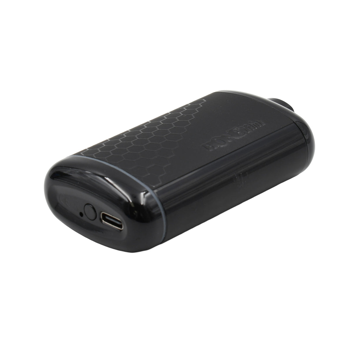 Compact HoneyStick Interactive 510 Battery with glossy black finish, hexagonal pattern, USB-C port, and buttonless design for convenient, draw-activated vaping.