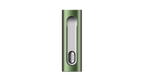 PAX FLOW: Compact, green anodized-aluminum dry herb vaporizer with a recessed silver face and USB-C-like connector at the base for charging.