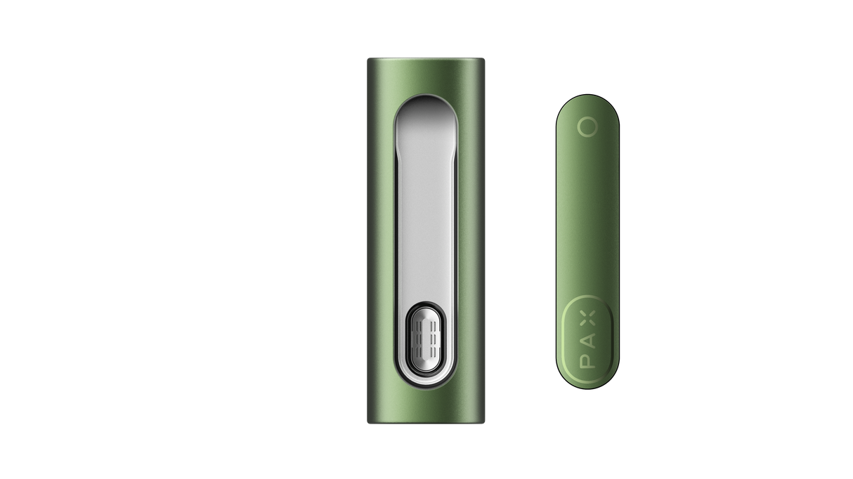 PAX FLOW components: magnetic charging chamber and PAX Era pod, forming a compact oil-vaporizer for smooth, flavorful vapor.