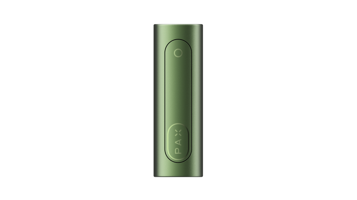 PAX FLOW vaporizer with metallic-green finish, featuring a compact design, circular status light, and tapered mouthpiece, exemplifying advanced portable dry herb technology.
