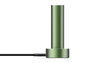 PAX FLOW vaporizer, a matte-green metal cylinder on a round base with a black braided power cable, showcasing its sleek, portable design.