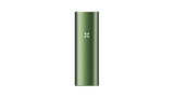 PAX FLOW green-anodized vaporizer body with central X LED logo, showcasing its compact, powerful design for enhanced dry herb vaping experience.