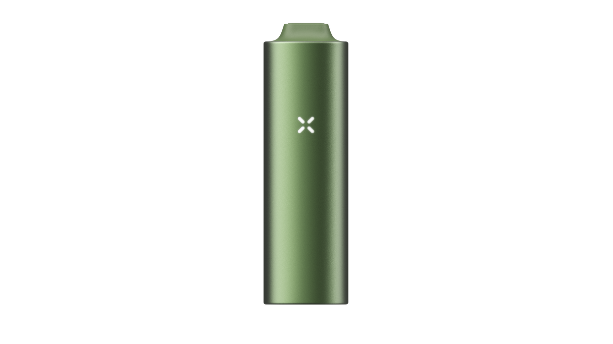 PAX FLOW pocket-sized vaporizer, olive-green, featuring X-shaped LED, magnetic mouthpiece; advanced device with strong draw and hybrid heating for smooth, flavorful vapor.