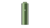 PAX FLOW pocket-sized vaporizer, olive-green, featuring X-shaped LED, magnetic mouthpiece; advanced device with strong draw and hybrid heating for smooth, flavorful vapor.