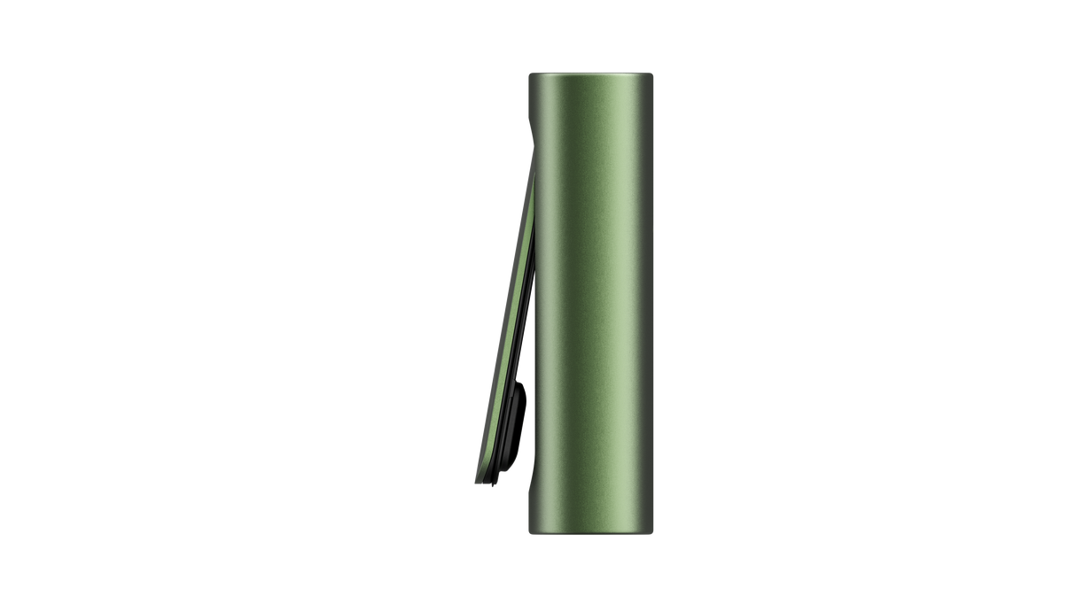 PAX FLOW vaporizer, olive-green anodized aluminum cylinder with black pocket clip, showcasing its sleek, portable design for dry herb use.
