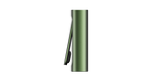 PAX FLOW vaporizer, olive-green anodized aluminum cylinder with black pocket clip, showcasing its sleek, portable design for dry herb use.