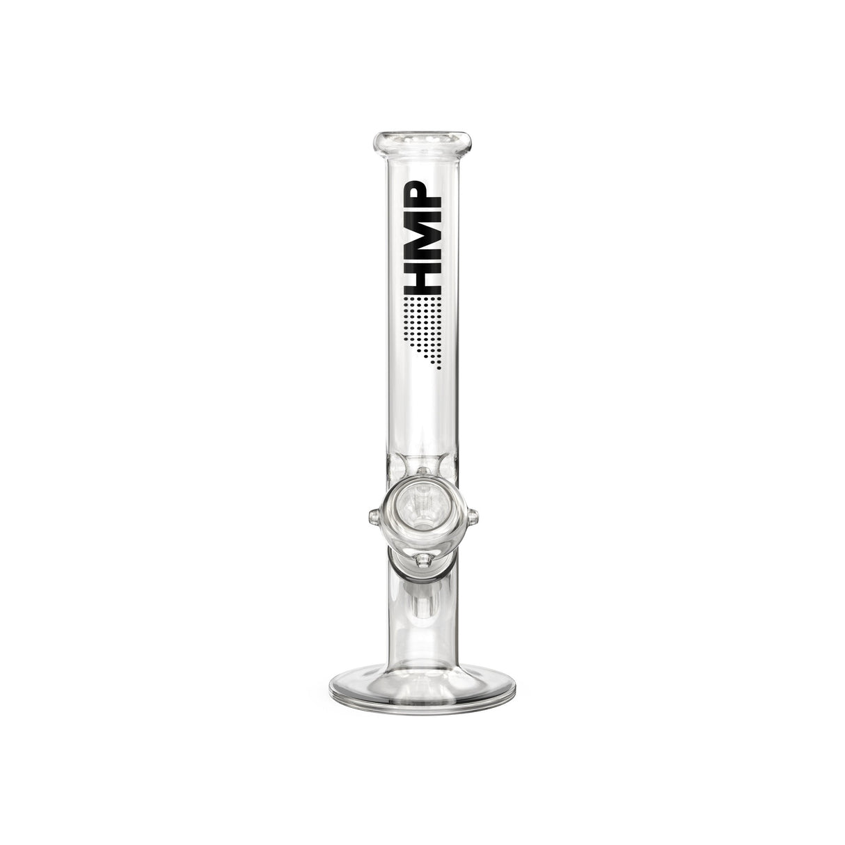12 Glass Straight Bong with round base, ice pinch for cooling smoke, crafted from durable borosilicate glass, featuring a sleek design and black logo.