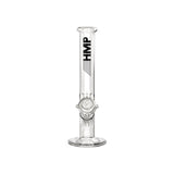 12 Glass Straight Bong with round base, ice pinch for cooling smoke, crafted from durable borosilicate glass, featuring a sleek design and black logo.