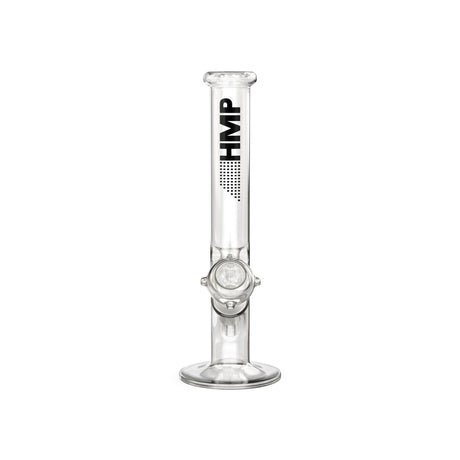 12 Glass Straight Bong with round base, ice pinch for cooling smoke, crafted from durable borosilicate glass, featuring a sleek design and black logo.