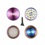 40mm Grinder (Rainbow) with magnetic cap, holding chamber, and kief catch. Compact design, perfect for on-the-go use, features circular patterns and metal construction.
