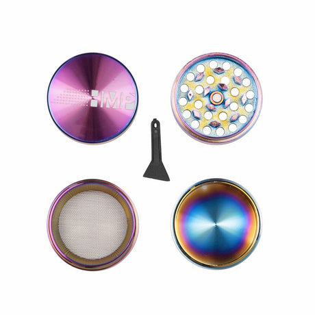 40mm Grinder (Rainbow) with magnetic cap, holding chamber, and kief catch. Compact design, perfect for on-the-go use, features circular patterns and metal construction.