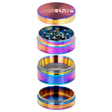 40mm Grinder (Rainbow) with a multicolored metal design, featuring multiple layers, a magnetic cap, holding chamber, and kief catch for efficient on-the-go grinding.