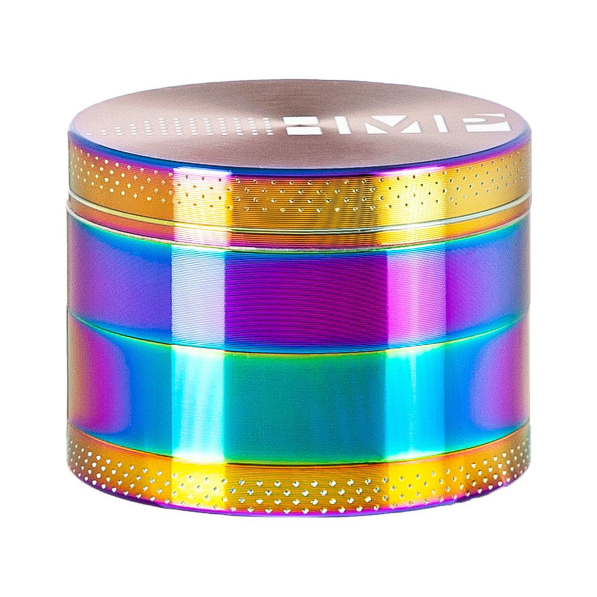 40mm Grinder (Rainbow) featuring a round, multicolored design with a magnetic cap, holding chamber, and kief catch, perfect for on-the-go use.