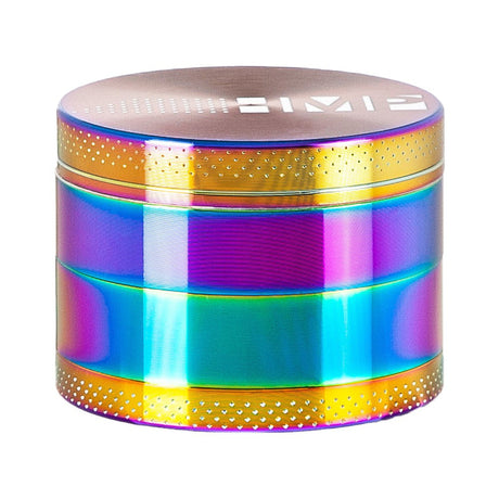 40mm Grinder (Rainbow) featuring a round, multicolored design with a magnetic cap, holding chamber, and kief catch, perfect for on-the-go use.