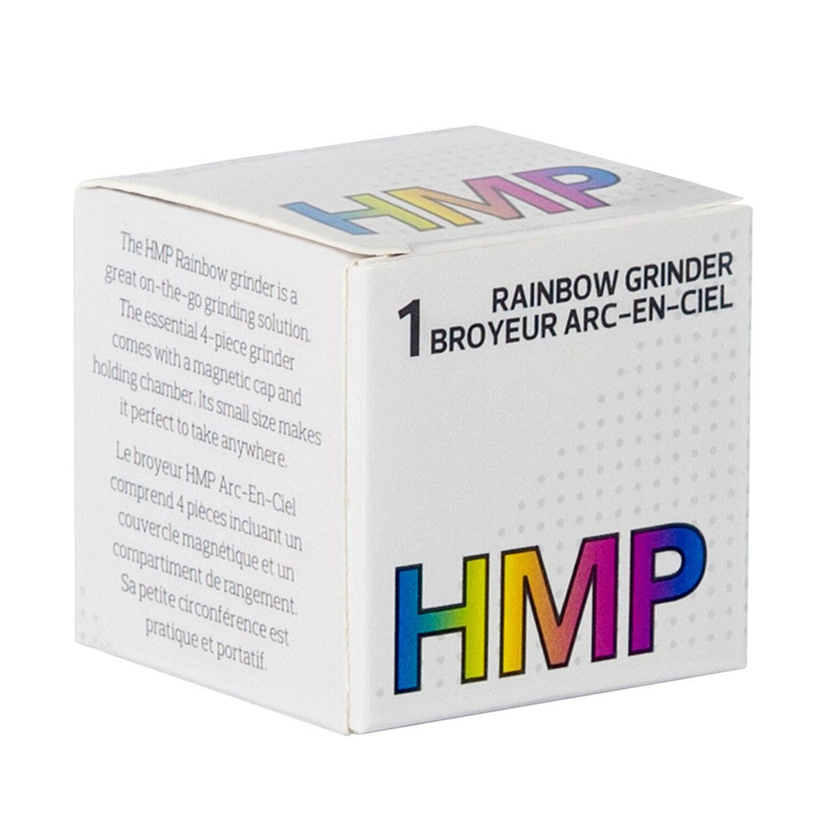 40mm Grinder (Rainbow) packaging featuring colorful text, showcasing the compact, 4-piece grinder with magnetic cap, holding chamber, and kief catch for on-the-go use.