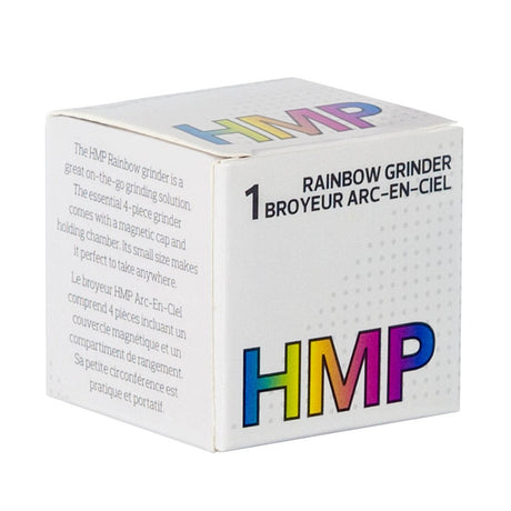 40mm Grinder (Rainbow) packaging featuring colorful text, showcasing the compact, 4-piece grinder with magnetic cap, holding chamber, and kief catch for on-the-go use.